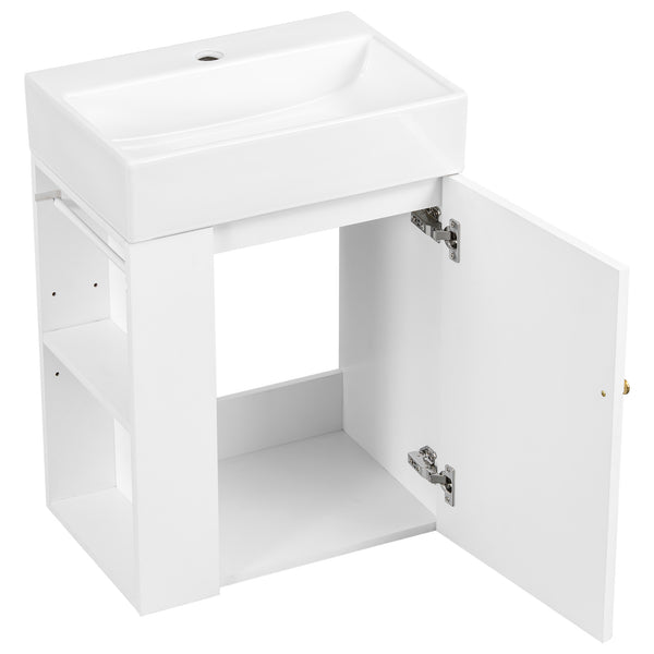 English Elm 20 Modern Wall-Mounted Bathroom Vanity with Ceramic Sink, Diamond Door, Gold Handles & Shelves — Compact White N725P314033K
