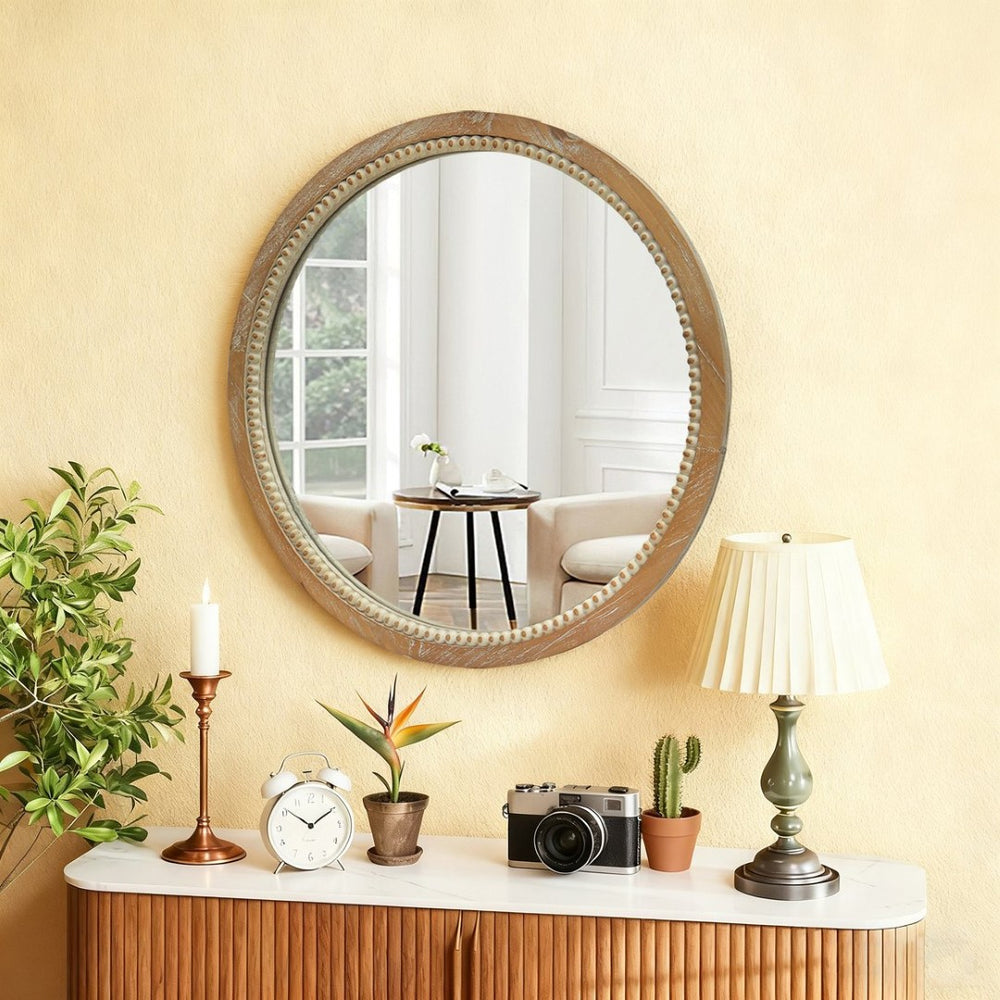 English Elm Round Distressed Wood Beaded Wall Mirror - Vintage 23.62" Accent For Farmhouse, Rustic Decor Spaces W2295P389097-GIGA