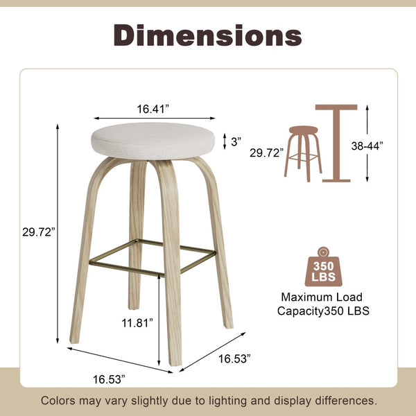 English Elm Swivel Backless Counter Stools Set of 2 with Fabric Seat Bentwood Legs Mid-century Modern Beige W3107P446882