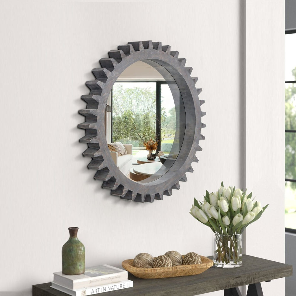 English Elm Vintage Gear-Shaped Decorative Mirror - 17'' Round Antique Dark Brown Wall Art With Unique Depth W1445P396057-GIGA