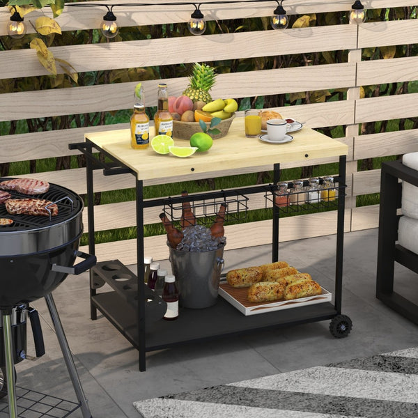 English Elm Outsunny Fir Wood Rolling Bar Cart with Wine Slots Baskets and Powder Coated Frame W2225P200506