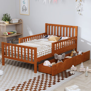 English Elm Twin Pinewood Platform Bed with Headboard, Guardrails & Two Underbed Drawers for Storage Walnut 70.6 L x 17.1 W x 5.9 H N733P172696D