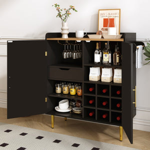English Elm Modern Fluted Bar Cabinet with Wine Rack Glass Holders Adjustable Shelving and Hidden Drawer Black N728P438606B