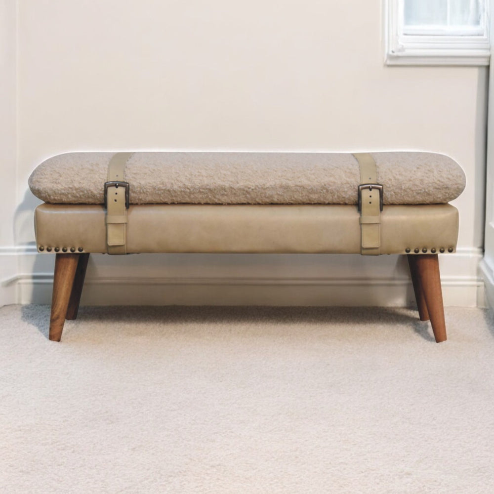 English Elm Boucle Beige Leather Bench - Handcrafted Cotton Upholstered Seating For Entryways & Living Spaces B182P295031