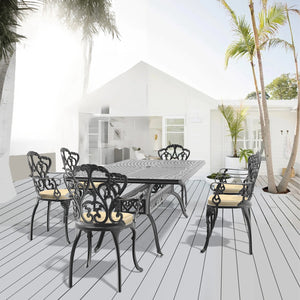 English Elm 7-Piece Cast Aluminum Patio Furniture Set With Elegant Off-White Cushions For Outdoor Dining Comfort W1710S00173