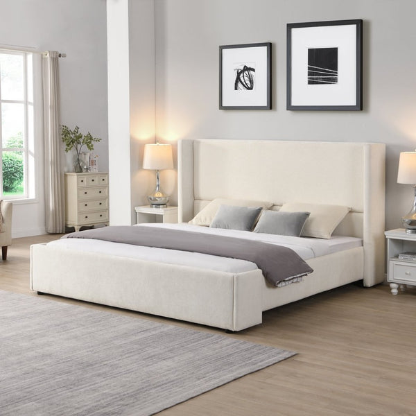 English Elm Elegant Wingback King Bed Tall White Fabric Upholstered Frame for Master Bedroom N769K370471W