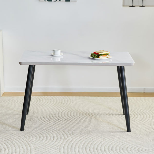 English Elm Modern Marble Look Tempered Glass Dining Table Seats Six with Tapered Black Metal Legs W1151S04621