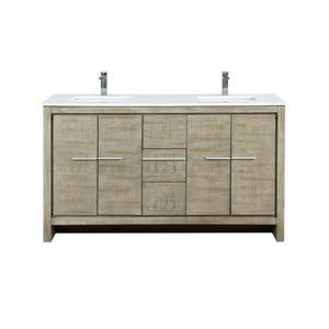 English Elm Rustic Acacia Double Bath Vanity 60" W With White Quartz Top & Chrome Faucet, Ample Storage Options B2731P259211-GIGA