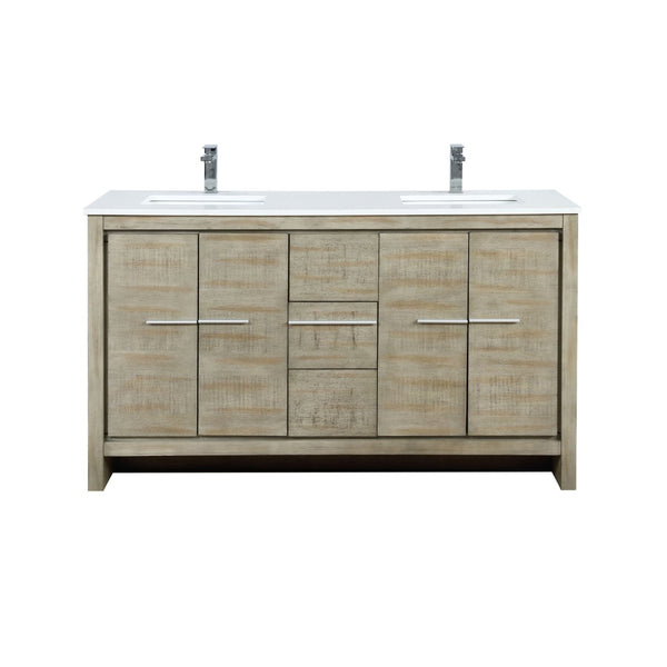 English Elm Rustic Acacia Double Bath Vanity 60" W With White Quartz Top & Chrome Faucet, Ample Storage Options B2731P259211-GIGA