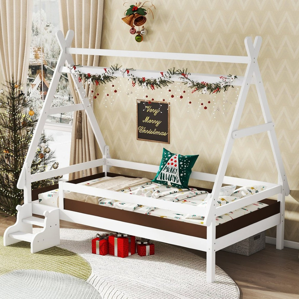 English Elm Twin House Shaped Platform Bed Solid Pine Frame with Built in Stairs for Kids W1580P354718