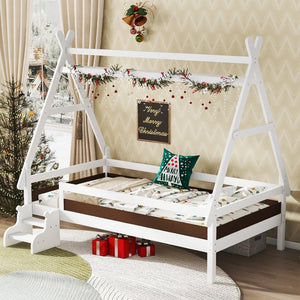 English Elm Twin House Shaped Platform Bed Solid Pine Frame with Built in Stairs for Kids W1580P354718