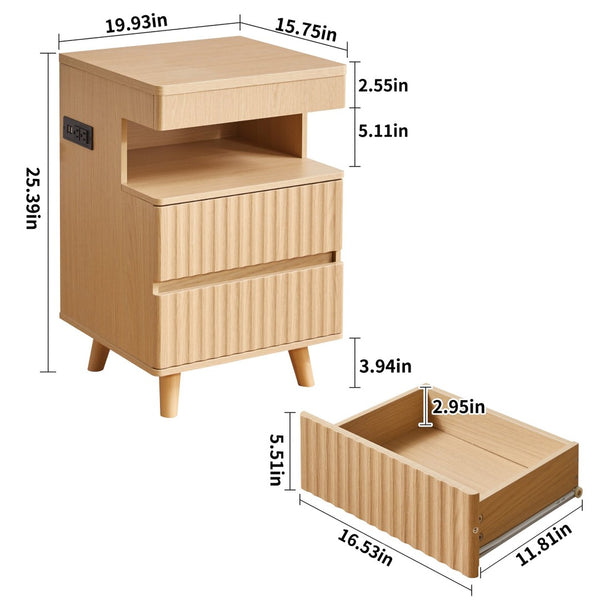 English Elm Modern Oak Nightstand with Charging Station Hidden Compartment and Open Storage Shelf W5368P460458