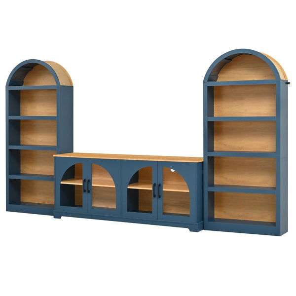 English Elm 3-piece Farmhouse Entertainment Center with Arched Glass Doors and Open Tower Shelving Blue N721S000070C