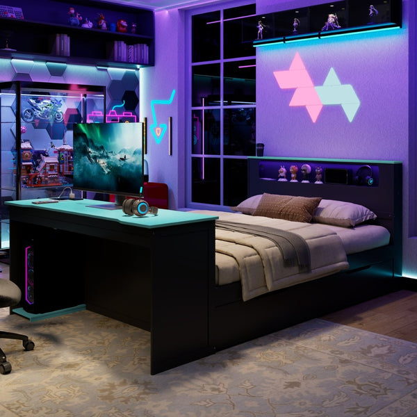 English Elm Full Size Wood Platform Daybed with Trundle Desk Rgb Led Lighting Gaming Bedroom Black+Blue LT000284AAC