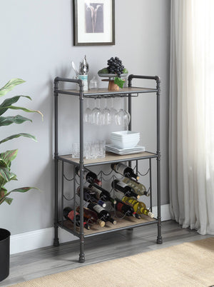 English Elm Brantley Industrial Wood and Metal Three Tier Wine Rack with Integrated Glass Holder B2726P256296