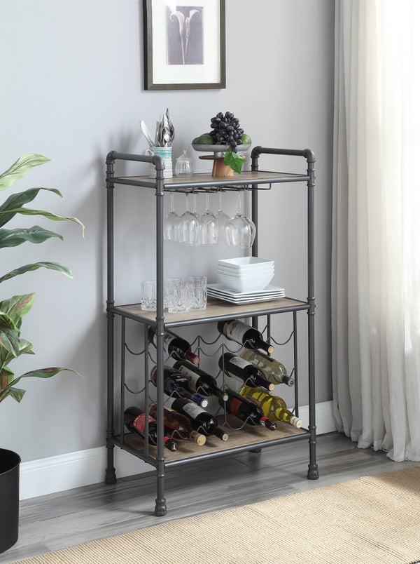 English Elm Brantley Industrial Wood and Metal Three Tier Wine Rack with Integrated Glass Holder B2726P256296