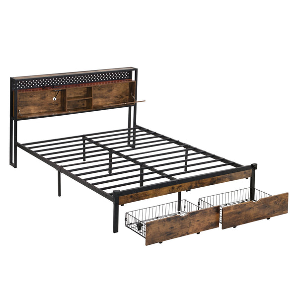 English Elm Queen Metal Platform Bed Frame with Wooden Headboard & Footboard, USB/Outlets, LED Remote, 2 Drawers, 600LB Limit, Black-Brown W2297P236942