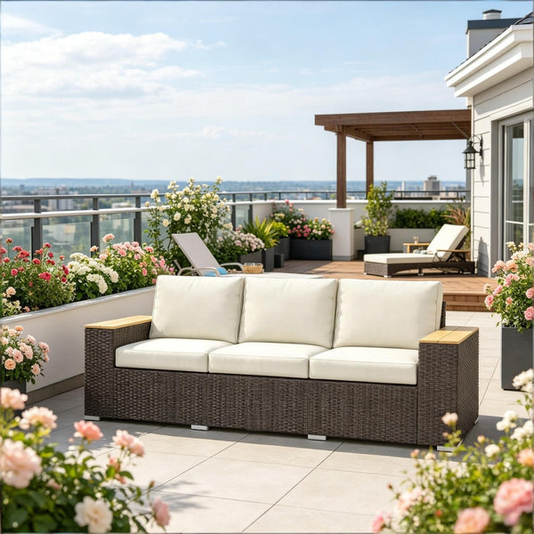 English Elm 3-seat Handwoven Pe Rattan Outdoor Sofa with Steel Frame and Washable Cushions T3971S00257