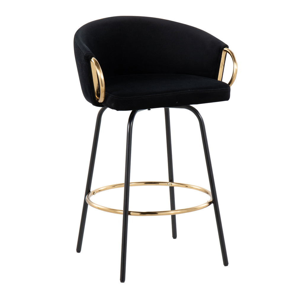 English Elm Claire Velvet Counter Stool Set of 2 – Contemporary Glam Black Velvet Swivel Seats with Gold Accents, Fixed Height B202S00196
