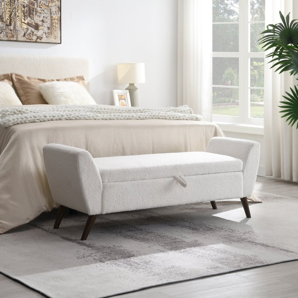 English Elm 60'' Upholstered Storage Bench Teddy Fabric Walnut Legs Mid-century Bedroom Seat Cream W2671P388093