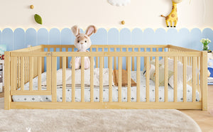 English Elm Queen Kids Floor Bed Pine Wood Frame with Safety Rails Door and Low Profile Design Natural W1580P417673