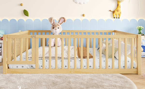 English Elm Queen Kids Floor Bed Pine Wood Frame with Safety Rails Door and Low Profile Design Natural W1580P417673