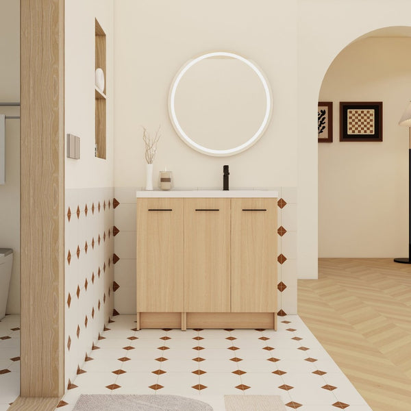 English Elm 36" Floating Bathroom Vanity Light Oak Modular Cabinet with Gel Coat Integrated Sink W3450S00106