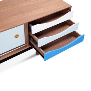 English Elm Finn Finn Juhl 1955 TV Cabinet Blue Walnut – Solid Wood MDF, Black Stainless Legs, Lacquered Drawers, 63” L x 20” W x 9” H B353S00002