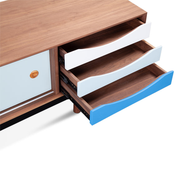 English Elm Finn Finn Juhl 1955 TV Cabinet Blue Walnut – Solid Wood MDF, Black Stainless Legs, Lacquered Drawers, 63” L x 20” W x 9” H B353S00002