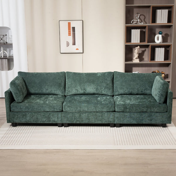 English Elm 111.42*32.28" XXL 3-Seater Chenille Sofa with Ultra-Soft Cushions, High-Rebound Comfort & Sturdy Black Legs Dark Green W2715S00002