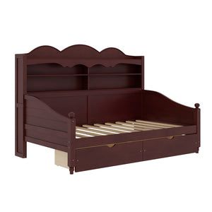 English Elm Twin Daybed Retro Wood Frame with Under Bed Drawers and Headboard Shelving Espresso N733S415358P