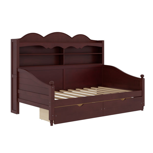 English Elm Twin Daybed Retro Wood Frame with Under Bed Drawers and Headboard Shelving Espresso N733S415358P