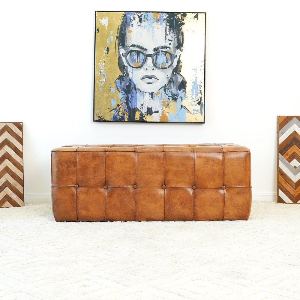 English Elm Ashcroft Furniture - Benjiro Tan Leather Bench with Teak Frame – Mid-Century Genuine Leather Ottoman, Rustic Elegance B183P232119