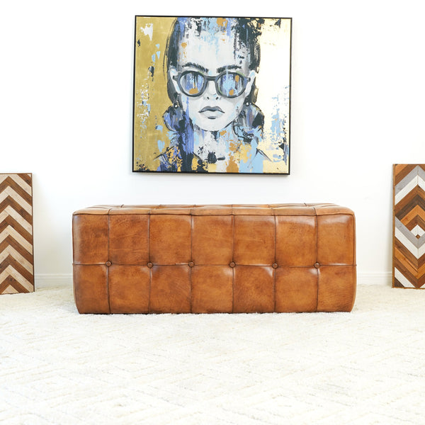 English Elm Ashcroft Furniture - Benjiro Tan Leather Bench with Teak Frame – Mid-Century Genuine Leather Ottoman, Rustic Elegance B183P232119