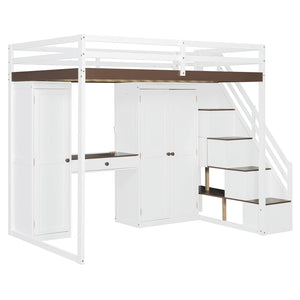 English Elm Full Size Teen Loft Bed with Wardrobe Staircase Storage Dressing Table and Led Lights LT000276AAP