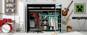 English Elm Full Size Loft Bed with Rgb Lighting Desk Open Wardrobe and Storage for Gaming Rooms Blue LT000277AAC