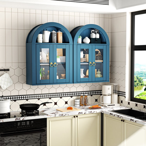 English Elm Wall Mounted Arched Cabinet Tempered Glass Doors Led Lighting Adjustable Shelves Bathroom Turquoise T3210P471552