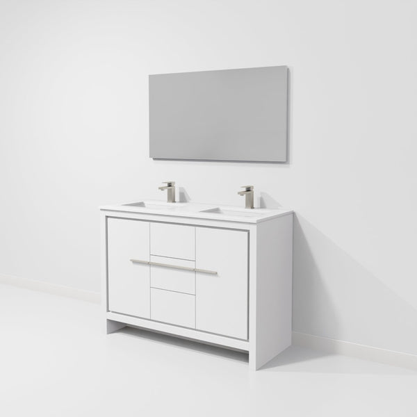 English Elm White Double Bath Vanity With Cultured Marble Top, Gun Metal Faucet & 43” Mirror – Elegant Upgrade! B2731S01719-GIGA