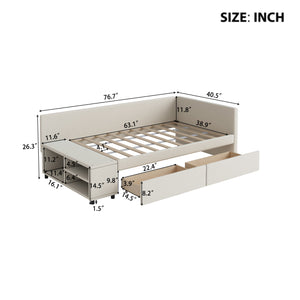 English Elm Twin Velvet L-Shaped Upholstered Platform Bed with Plush Headboard, Hidden Drawers & Cabinet Storage Beige SF000182AAA