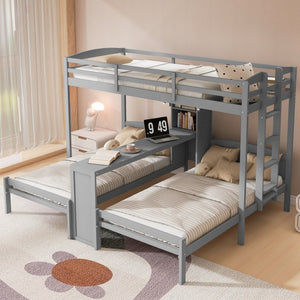 English Elm Twin Triple Bunk Bed with Built in Desk Open Shelving and Led Task Lighting Gray N7090002243E