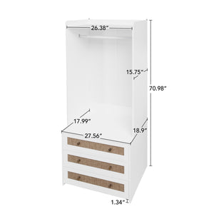 English Elm Wardrobe White 3-Drawer Armoire with Rattan Fronts, Slim Hanging Rod, Anti-Tip Safety, Bedroom Organizer W688P266052