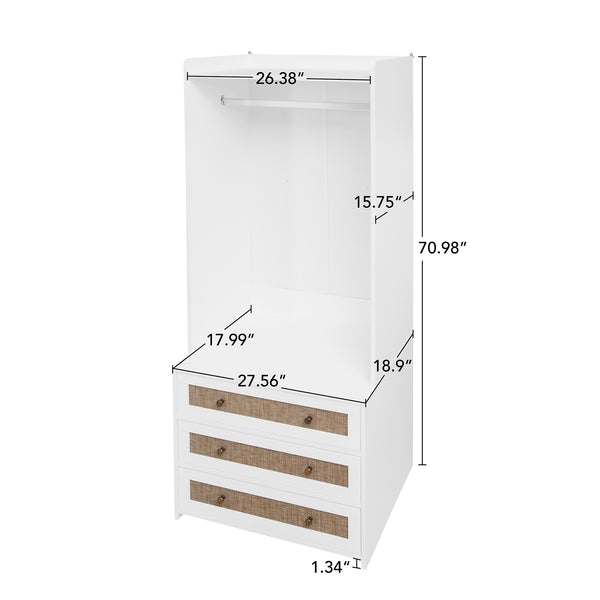English Elm Wardrobe White 3-Drawer Armoire with Rattan Fronts, Slim Hanging Rod, Anti-Tip Safety, Bedroom Organizer W688P266052