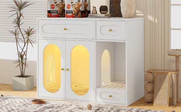 English Elm Cat Litter Box Cabinet with Led Lighting Acrylic Doors and Drawer Storage End Table White N704P402444K