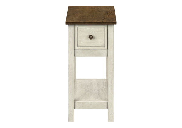English Elm Accent Table, Two-Tier Narrow Design With Storage Drawer, Antique White & Brown Finish For Versatile Use B2710P219471