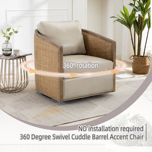 English Elm Swivel Barrel Chair Faux Leather Rattan Accent Seat with 360 Base for Living Room W395102741