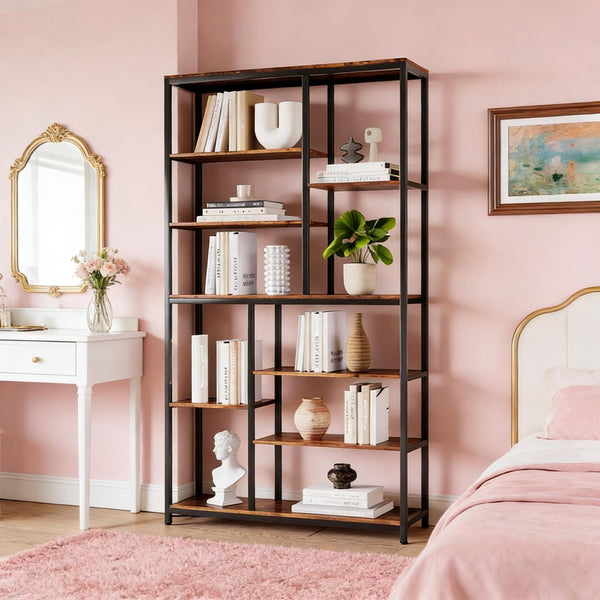 English Elm Tall Industrial Etagere Bookcase with Staggered Open Shelves for Living Room or Office T3971P449887