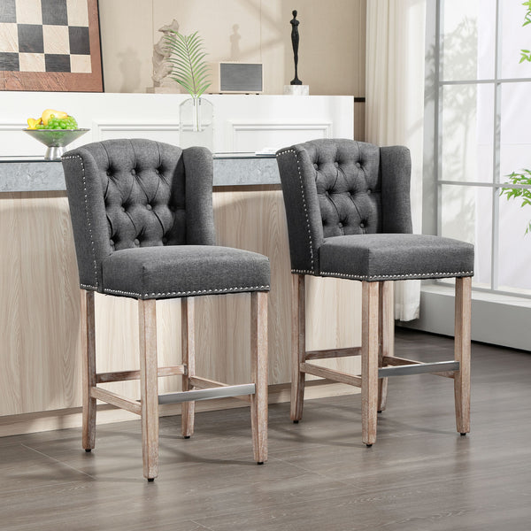 English Elm HOMCOM Vintage Button-Tufted Counter Stools Set of 2 with 180° Swivel, Solid Wood Footrests Dark Gray W2225P229765