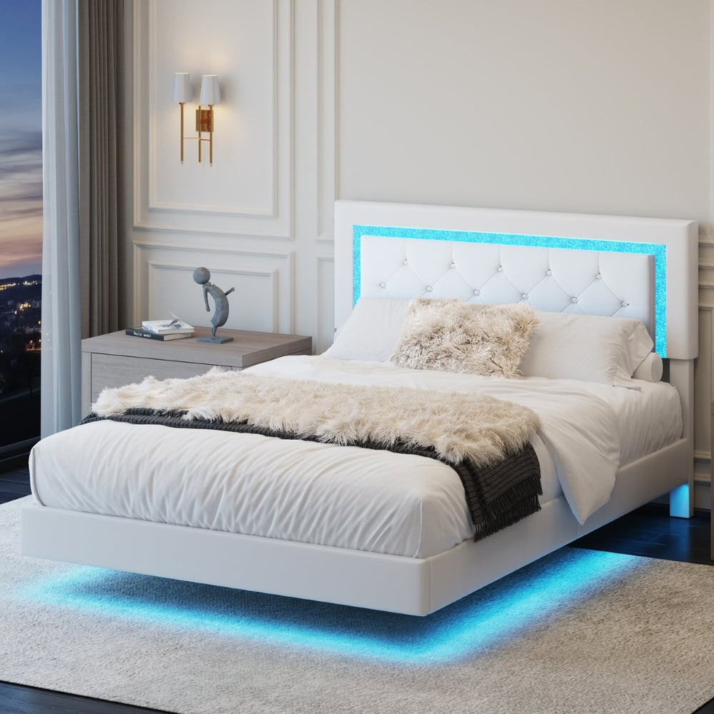 English Elm Full Size Floating Platform Bed Tufted Upholstered Headboard with Rgb Led Underlighting Beige W3107P419262