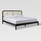 King Platform Bed with Rattan Headboard Insert NRUB8BBL Black NRUB8BBL Walker Edison