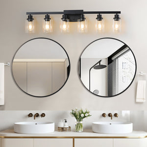 English Elm 37" Modern 6-Light Bathroom Vanity Fixture with Clear Glass Shades, Iron Frame, Hardwired Elegance Black W1340P206684